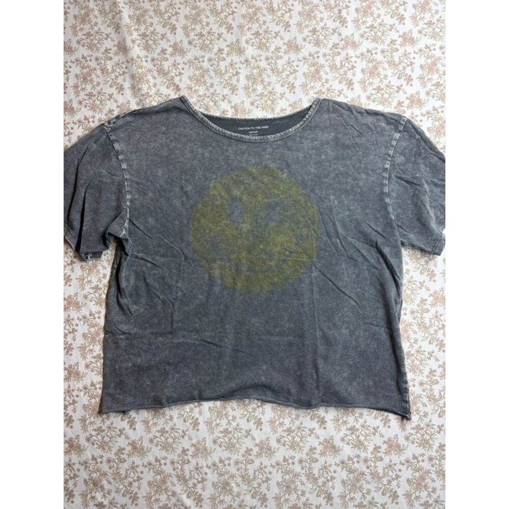 Caution to the Wind Charcoal Grey Women’s Oversized Tee Smiley Print